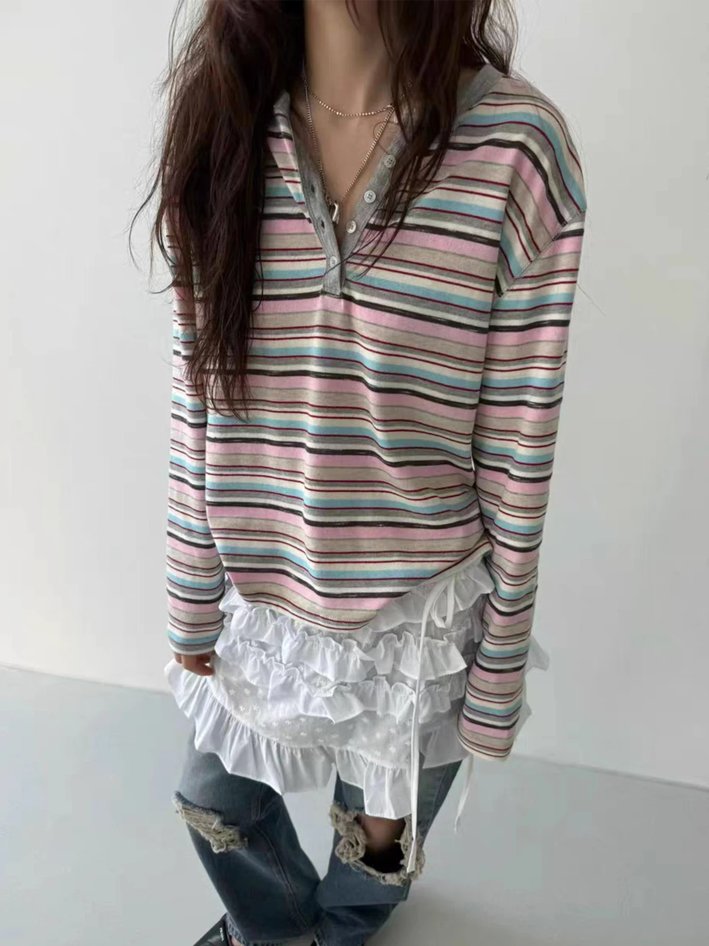 

Loose Long Sve T-irt Women's Casual Striped f Button up Base irt Color Blo Cotton Sweat Absorbent round Ne Top
