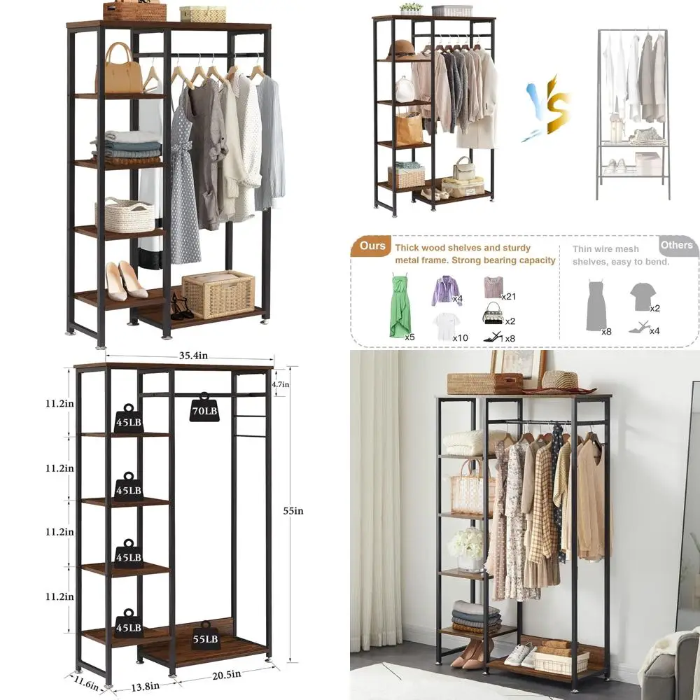 VECELO Open Garment Clothing Rack, Free-Standing Heavy Duty Storage Closet with 5 Shelves and Hanging Rod for Small Spaces, Max