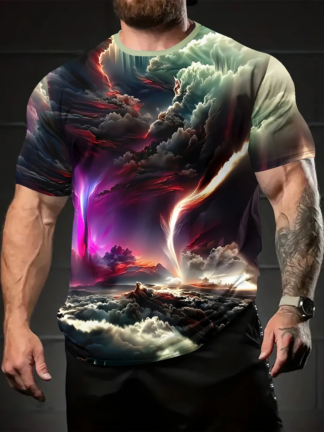 2026 Hot Selling Fashionable Men's Summer Tornado Cool Pattern T-shirt Outdoor Street Wear Vivid Scene T-shirt Plus Size
