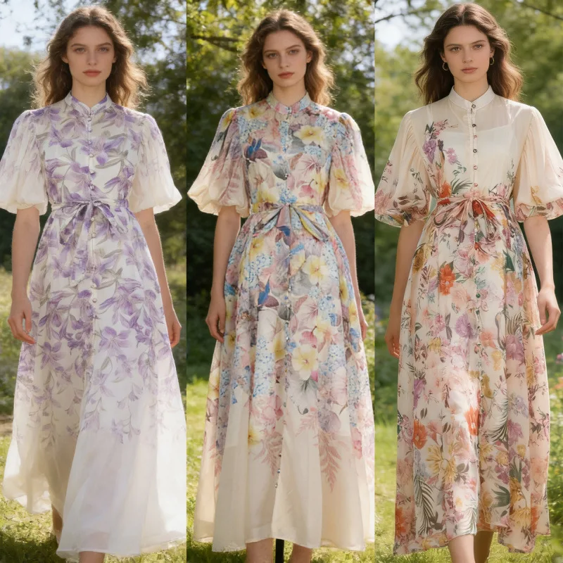 

Ультрамягкий длинный шелковый шифон Dr с большим воланцем и лентой, дизайн со средней талией для женщин