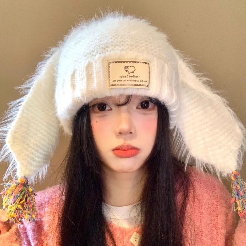 

Женские шапочки с милыми кроличьими ушками в стиле ретро, теплые универсальные индивидуальные плюшевые пуловеры Y2K на осень и зиму