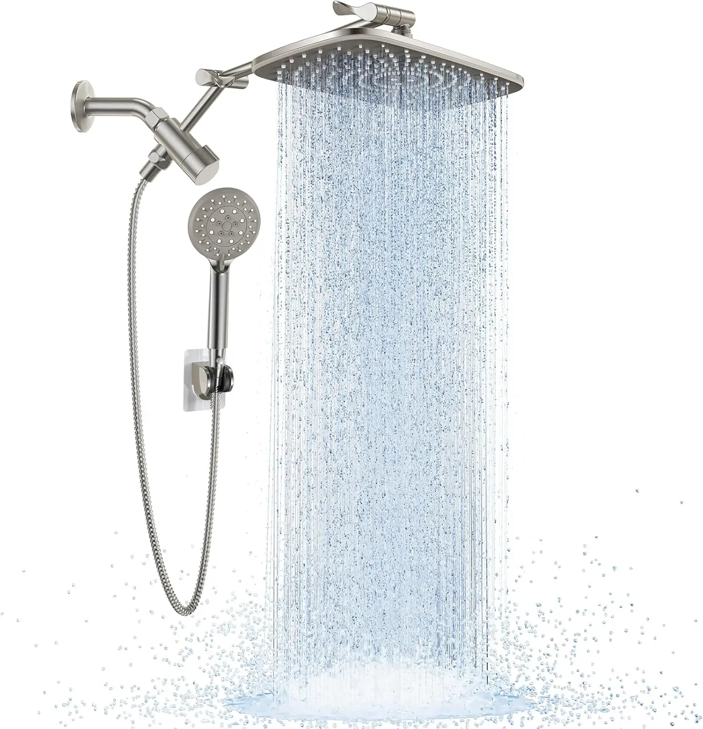 

Wide Brushed Nickel Rain Shower Head with Handheld, High Pressure Rainfall Combo and Adjustable Arm for Bathroom