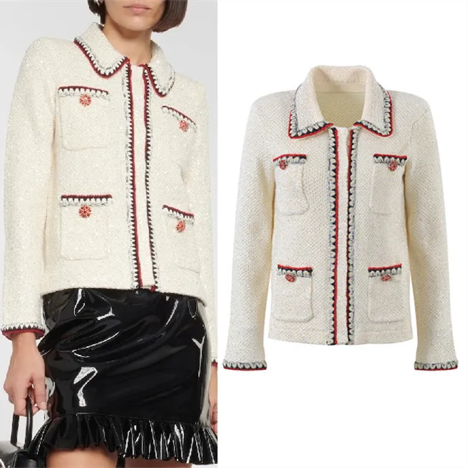 

High-End Ivory Classic Knitted Cardigan Women's Jaet with kets Glitter Trim Diamond Button Sweet Sle Winter Outerwear