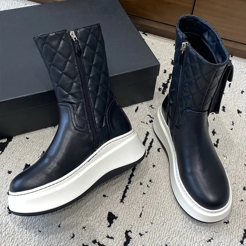 

High quality winter woman thick-soled calf-length boots,cowhide patchwork design diamond patterns, washed denim 25110804