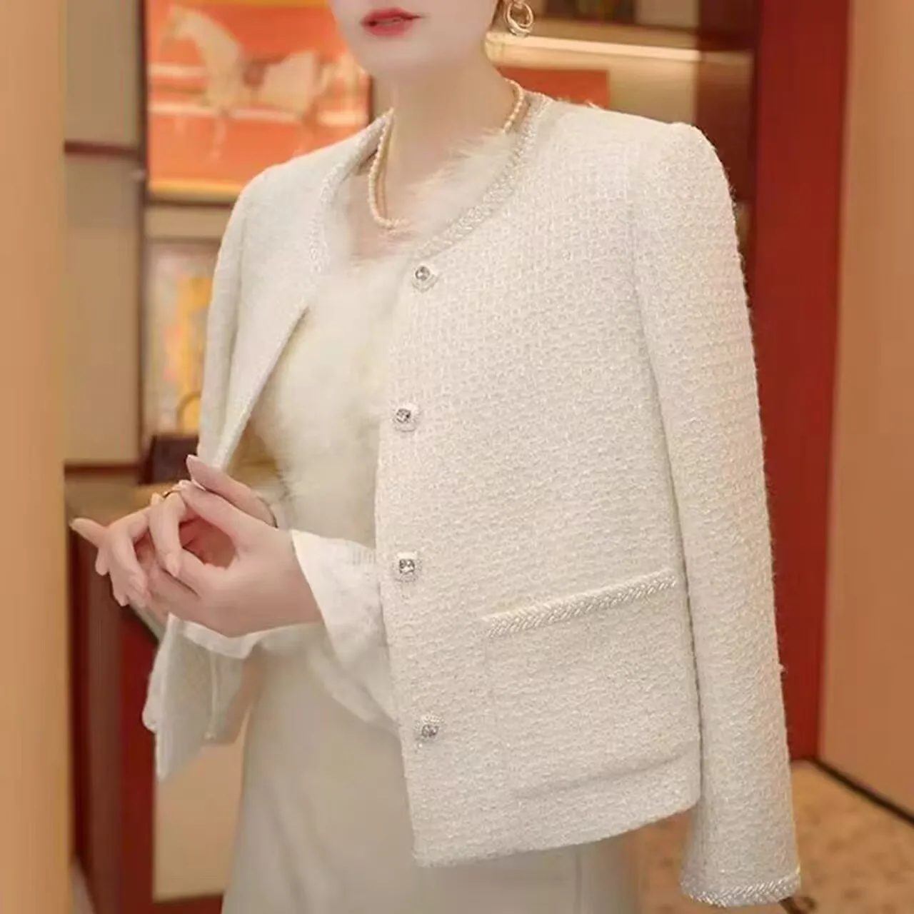Tweed Jacket 2026 New Spring Women's White Fashion Temperament High-End Fashion Thin top Versatile Women Blazer With Lining