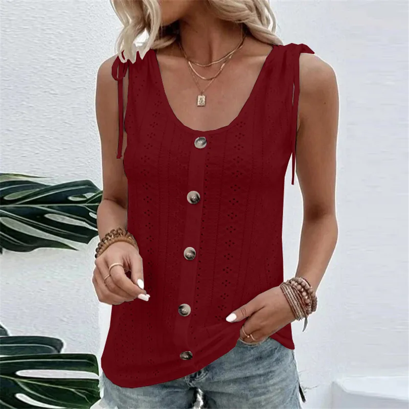 2023 New Women White Blouses Summer Tank Solid Colors Hollow Out Loose Shirts Sweet Casual Sleeveless Button Sexy Lace Up Tops