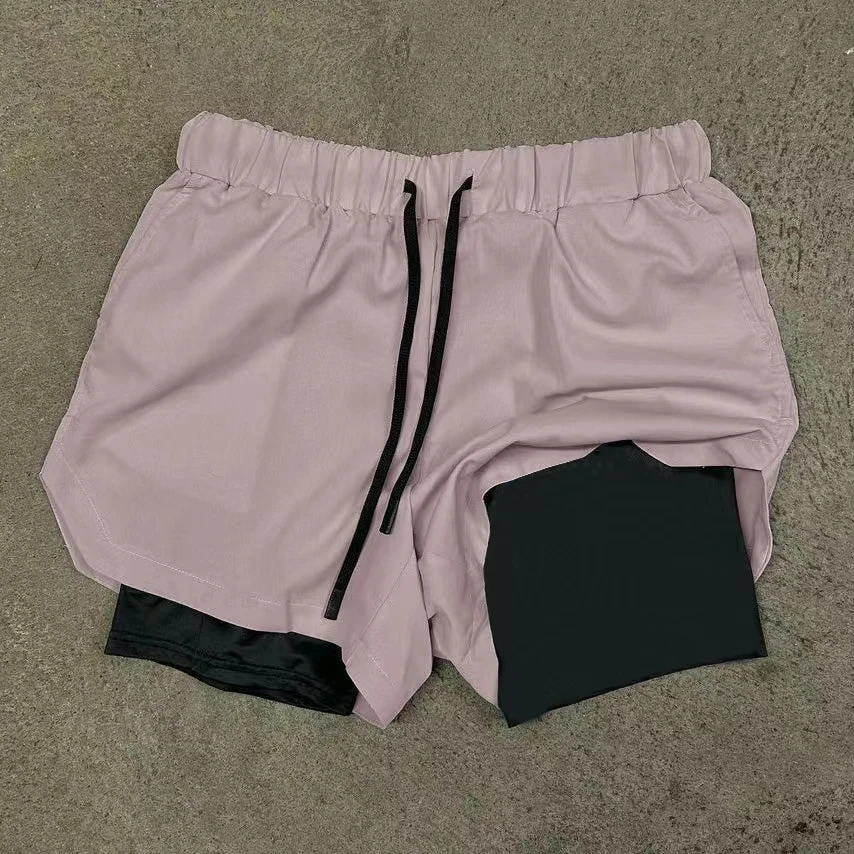 Short de praia respirável monocromático de dupla camada masculino, grande e confortável para fitness, short de rua casual, verão