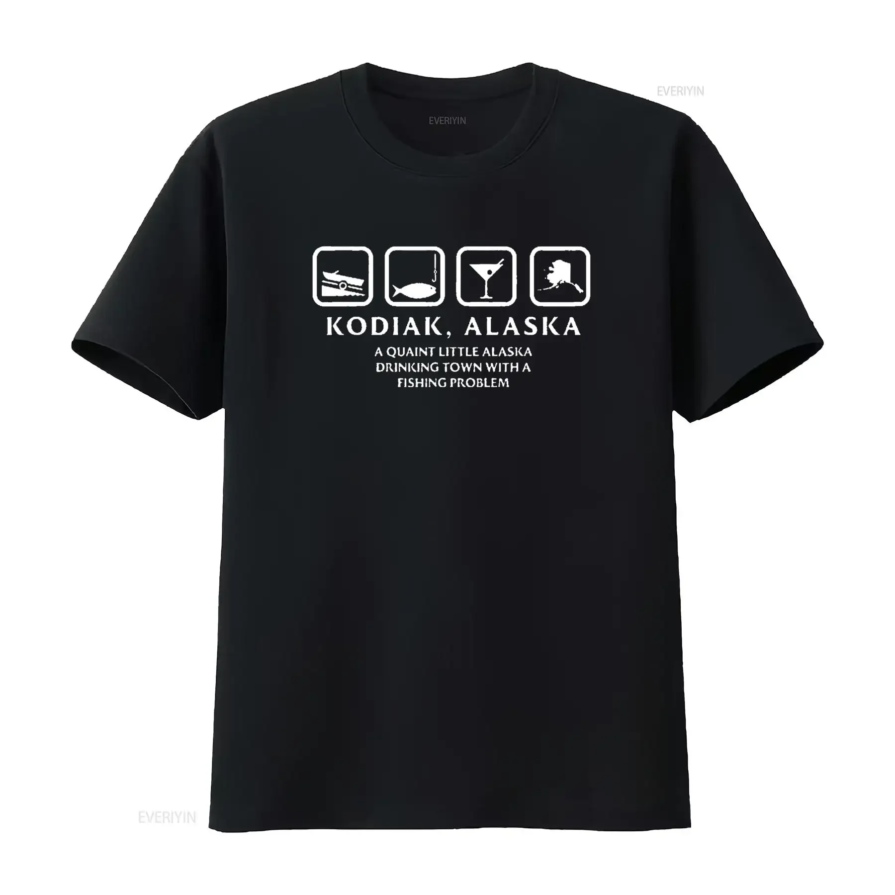 

Mens Drinking Town With A Fishing Problem Kodiak AK T Shirt Black 3X Large vintage Washed Top For Everyday Wear Stretched