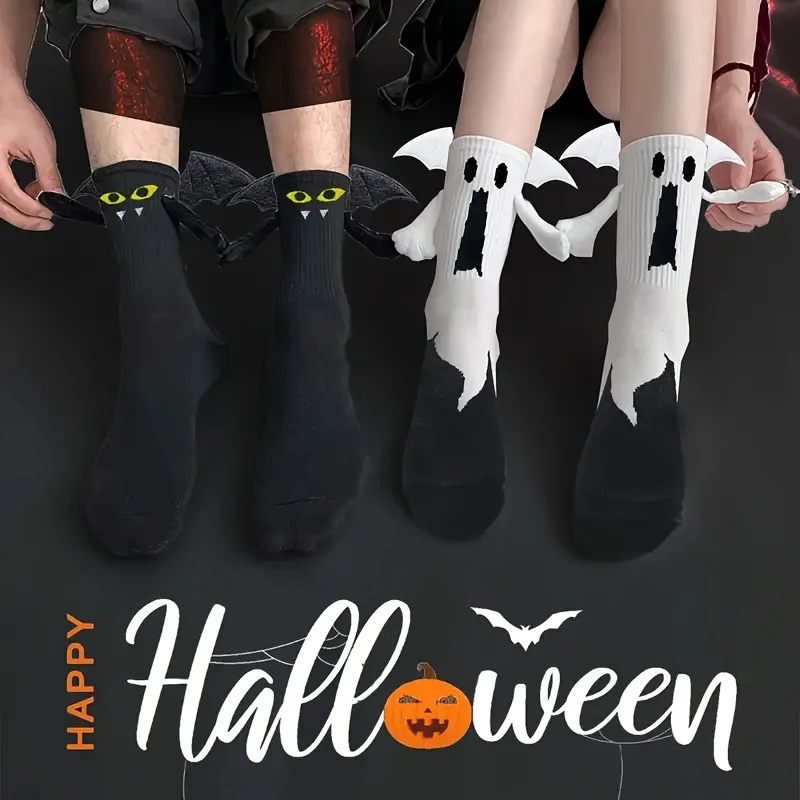 Creative Halloween Holding Hands Socks Children Cartoon Cute Black/White Ghost Bat Socks Suitable For Couples And Friends Gifts