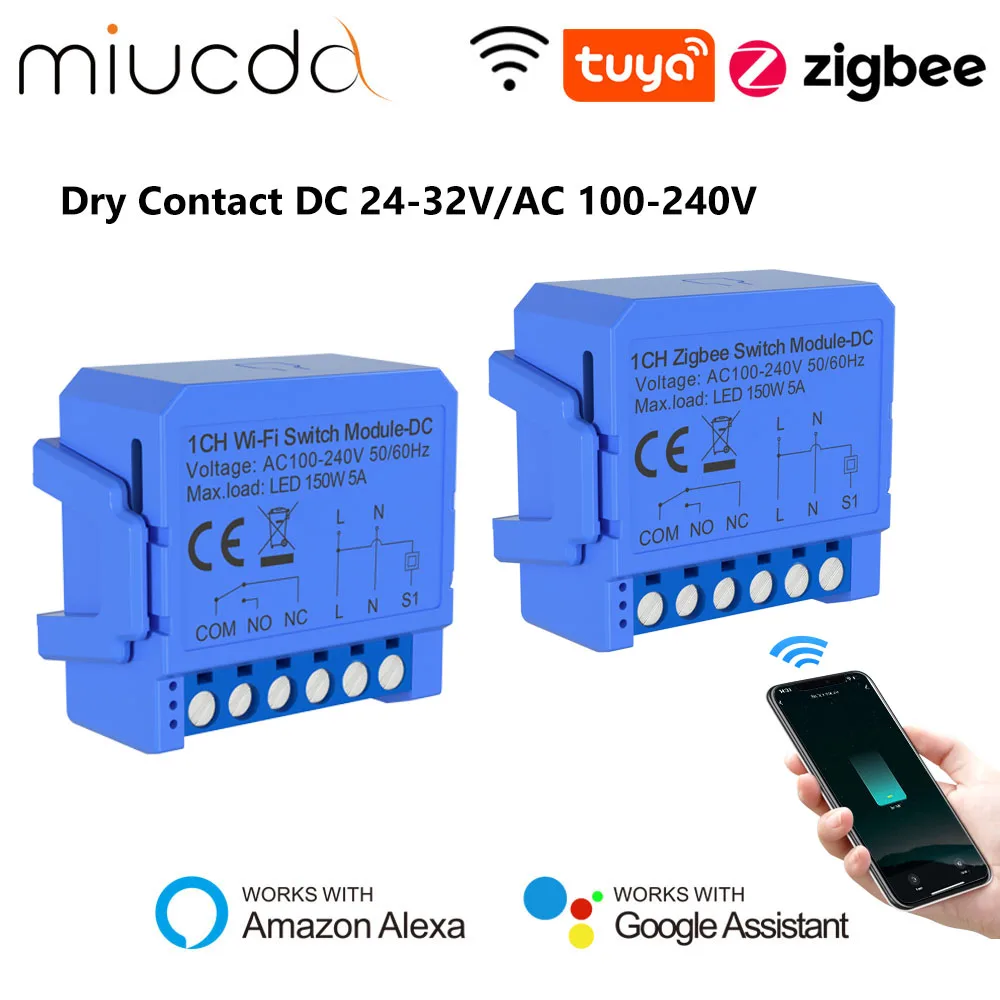 Miucda tuya wifi/zigbee módulo de interruptor inteligente contato seco dc 24-32v/ac 100-240v diy disjuntor relé temporizador trabalho para alexa google casa