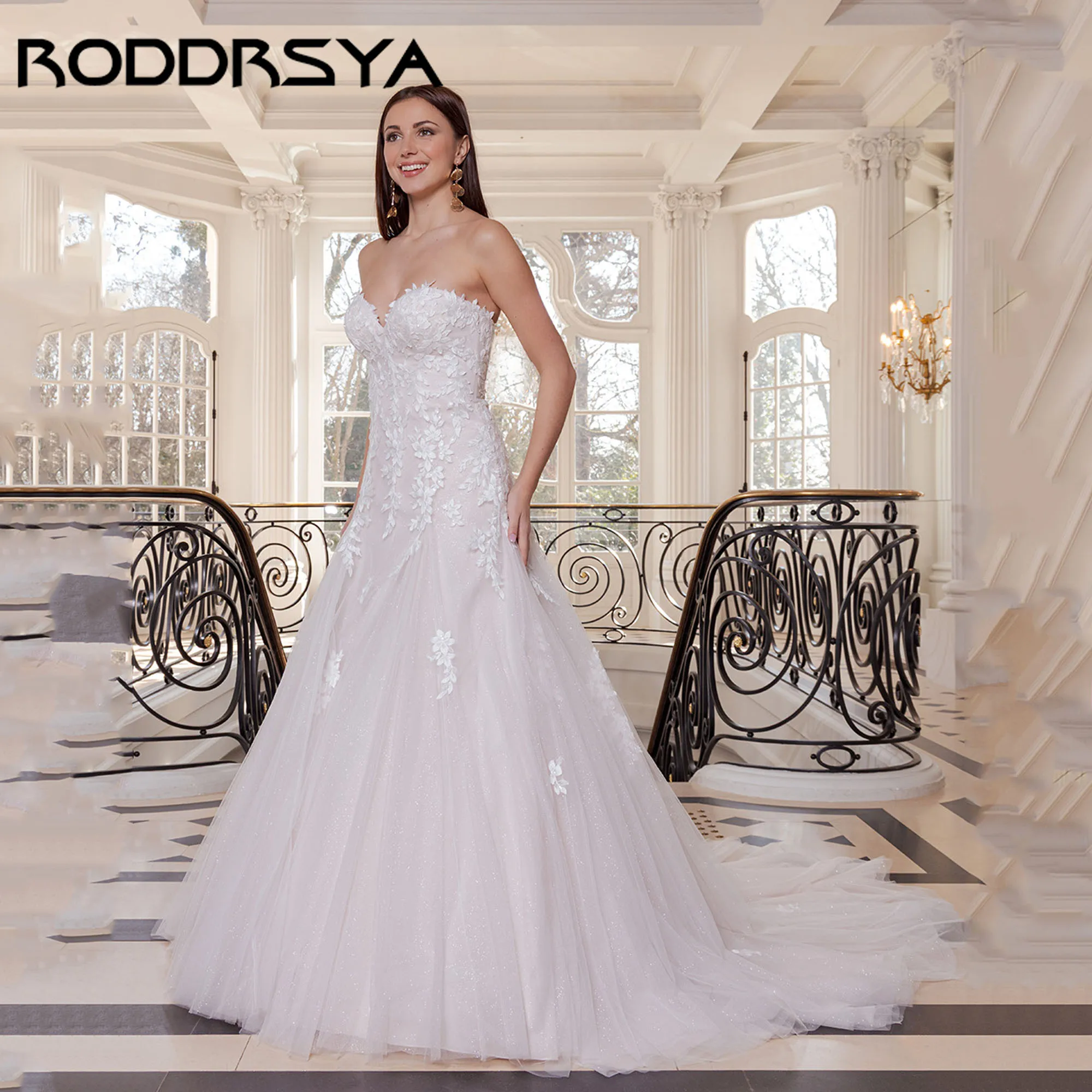 

RODDRSYA Strapless Mermaid Bride Dress Elegant Sleeveless Lace Appliques Wedding Gown Tulle Backless vestido de novia Customized