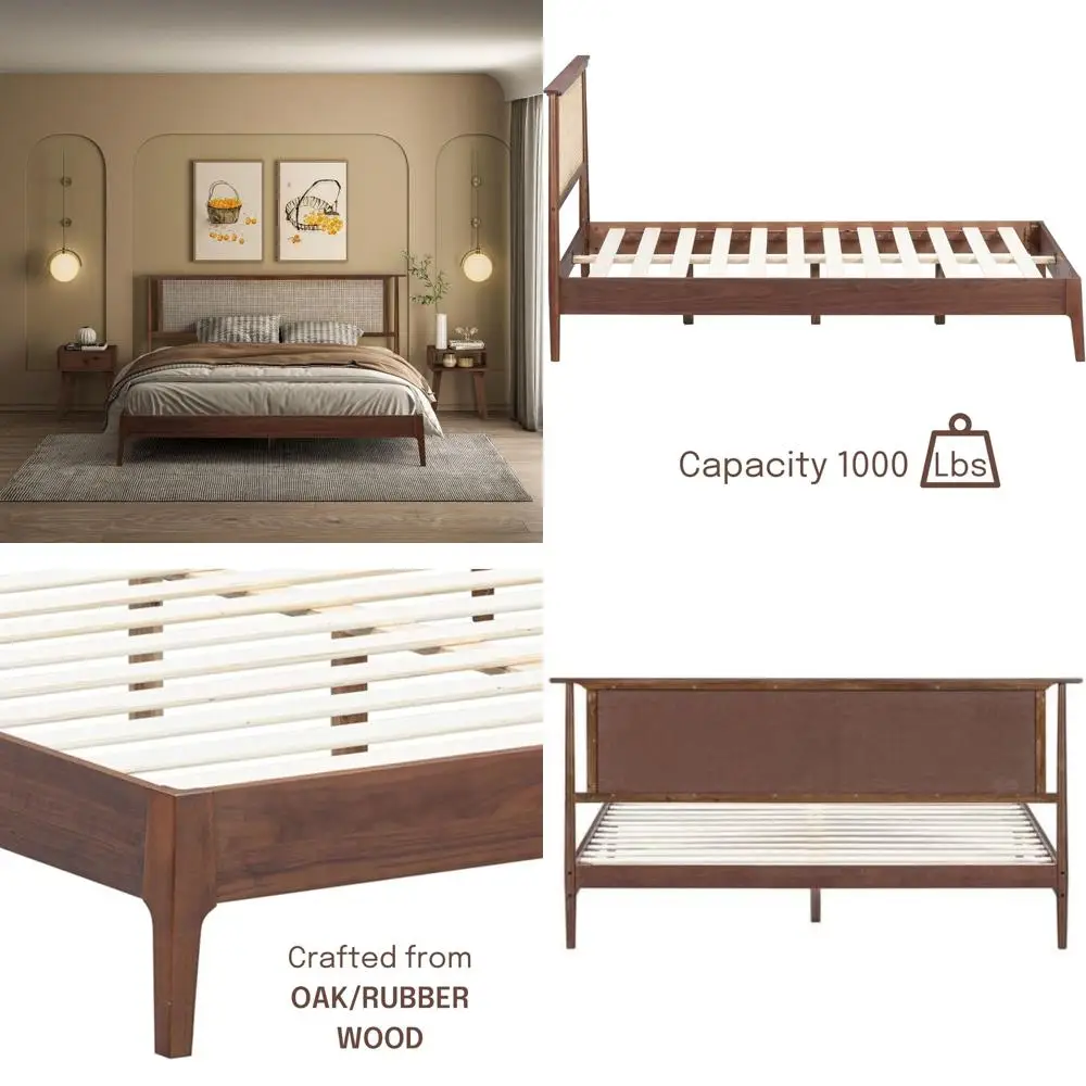 

Natural Rattan and Solid Oak NTC Ruby Bed Frame with Headboard, featuring Silent Slats and 1000 lb Support