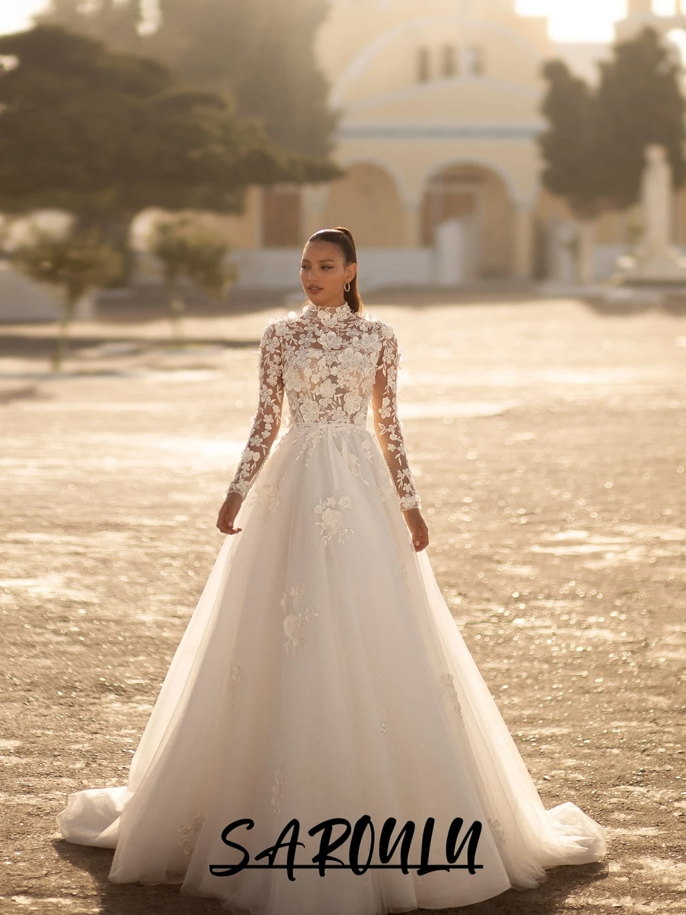 

SAROULU Outdoor High Neckline Wedding Dress Romantic Flowers A Line Customized Bridal Gown Buttons Back Illusion Sleeves Wear