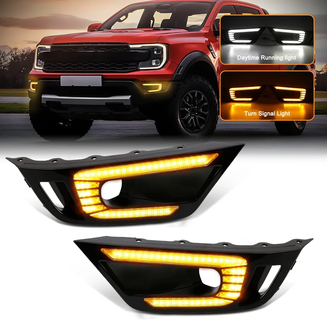 

Светодиодные DRL для Ford Ranger Raptor 2022/ Wildtrak 2022 2023, дневные ходовые огни, белые противотуманные фары, передний бампер, указатели поворота 12 В