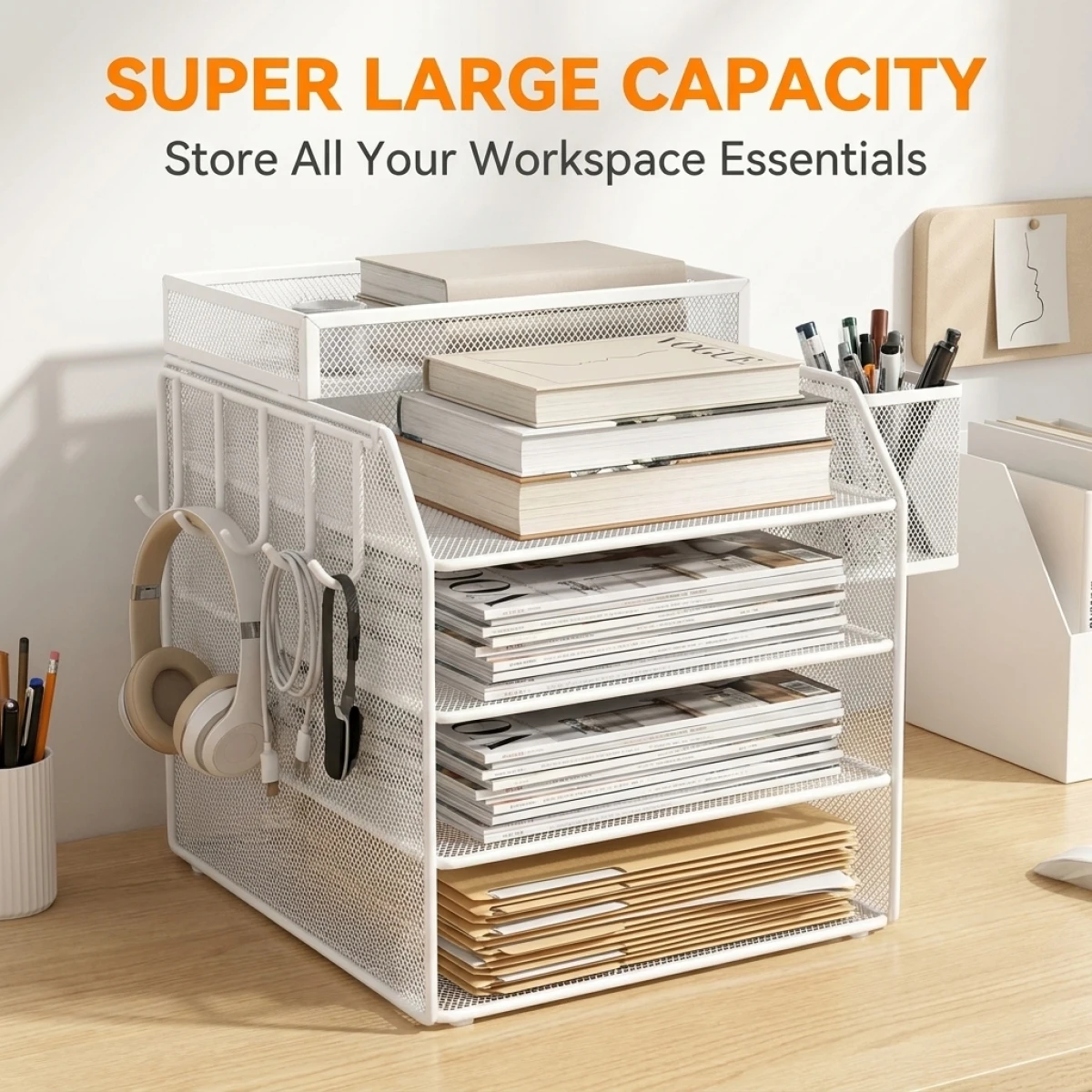

Metal Mesh File Organizer–Space-Saving Desk Shelf with Hooks,Ventilated&Moisture-Proof,Large Capacity for Office Documents