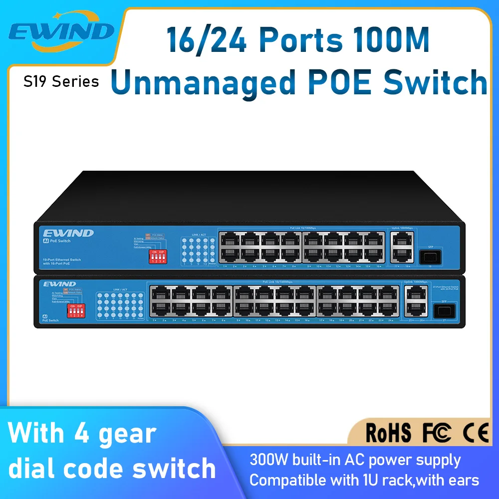 EWIND Fast POE Switch 16/24 Ports 100M Ethernet Switch with 2 1000M Uplink RJ45 Ports and 1 100/1000M SFP Slot AI Smart Switch