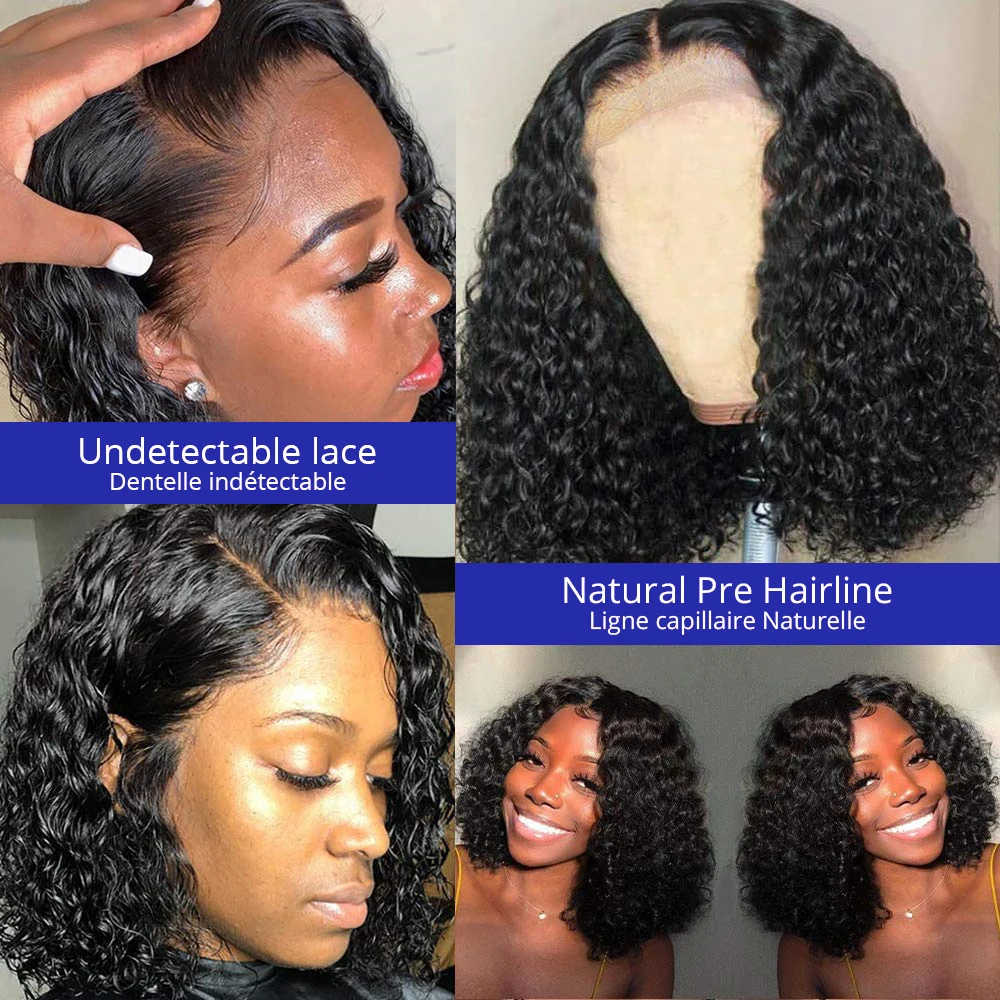Peruca Frontal HD 13x6 com Ondas Profundas para Mulheres, 250% de Densidade, Cabelo Humano Cacheado Vietnamita, Peruca Frontal 13x4, Bob Curto, Sem Cola, Cor Natural