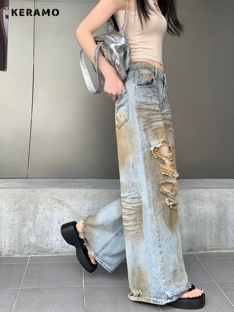 Sexy Vintage Ripped Harajuku Loose Fit Jeans Y2K Hollow Out Wide Leg Trashy Pants 2024 Summer Women's Baggy Denim Trouser