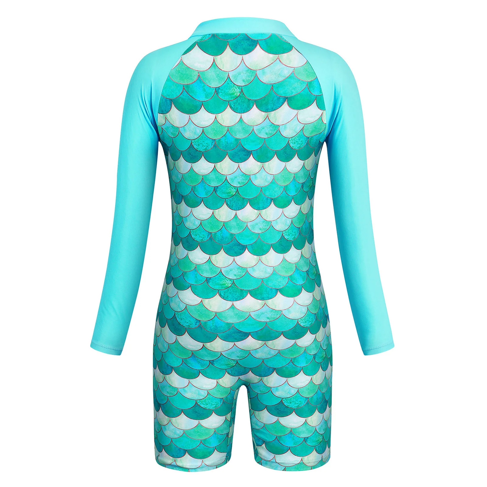 Kids Girls One-piece Swimsuit Fish Scales Print Mermaid Rash Guard Swimwear Long Sleeve Front Zipper Beach Surfing Bathing Suits