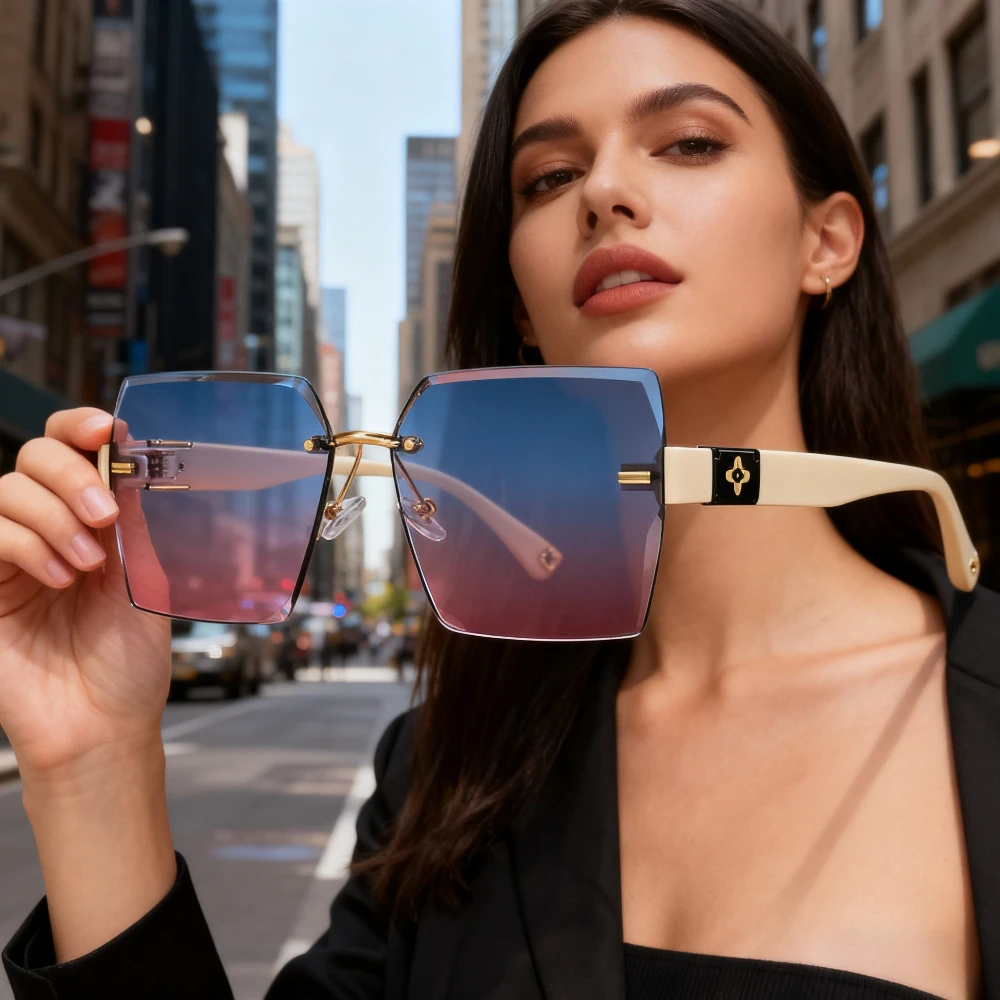 

​​Womens Frameless Large Frame Gradient UV Protection Sunglasses Fashion Trendy Iridescent Versatile​​