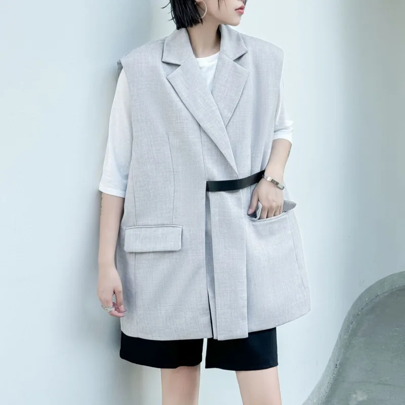 EAEOVNI ファッション革パッチワークブレザー女性ノースリーブルーズポケットオフィスレディコートカジュアル 2025 夏の新服