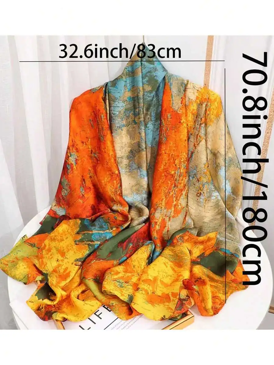 1pc Women's Orange Forest Print Faux Silk Scarf, Can Be Used As Headscarf, Warm Scarf, Headband, Hair Accessory, Ideal Choice