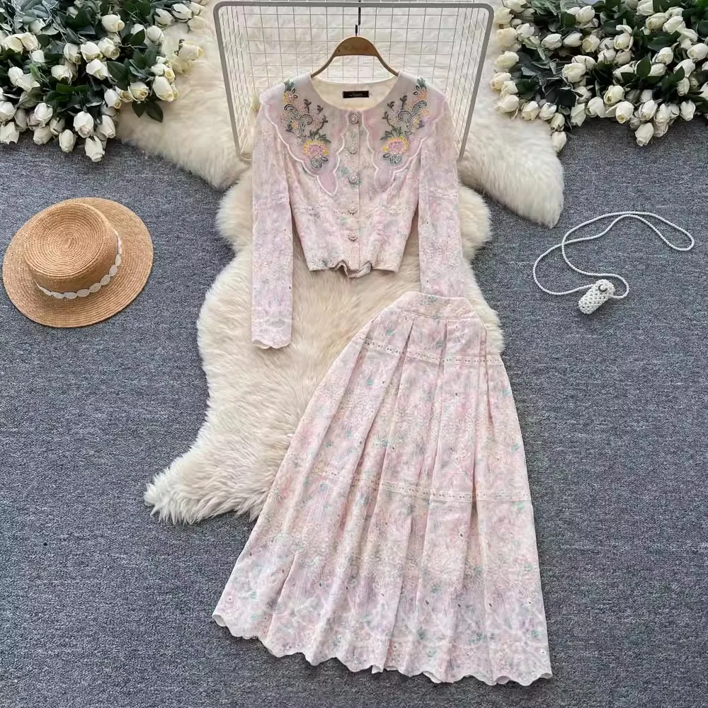 

Elegant 2 Pieces Skirt Set Women Autumn Hollow Out Crochet Embroidery Prom Evening Party Long Dress Suits Crop Top Skirts Suits