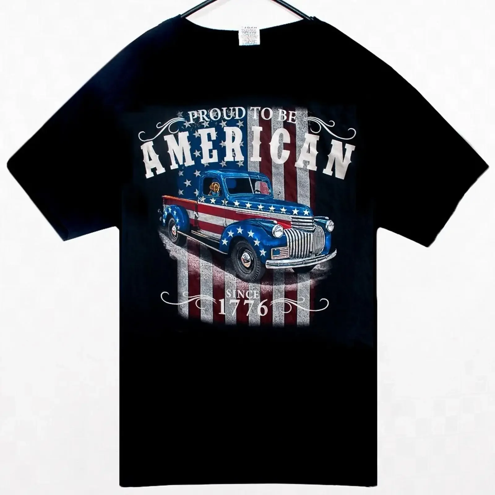 Patriotic Pickup Truck Mens T Shirt Size L Fruit of the Loom Black vintage Washed Breathable Casual graphic streetwear homme