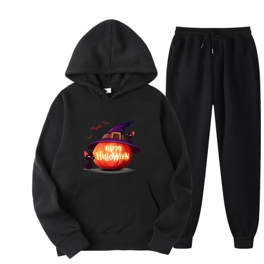 

2025 Halloween yellow lantern pumpkin graffiti print Spring And Autumn Men Hoodies Casual Street Wear Graphic Print Pullover set