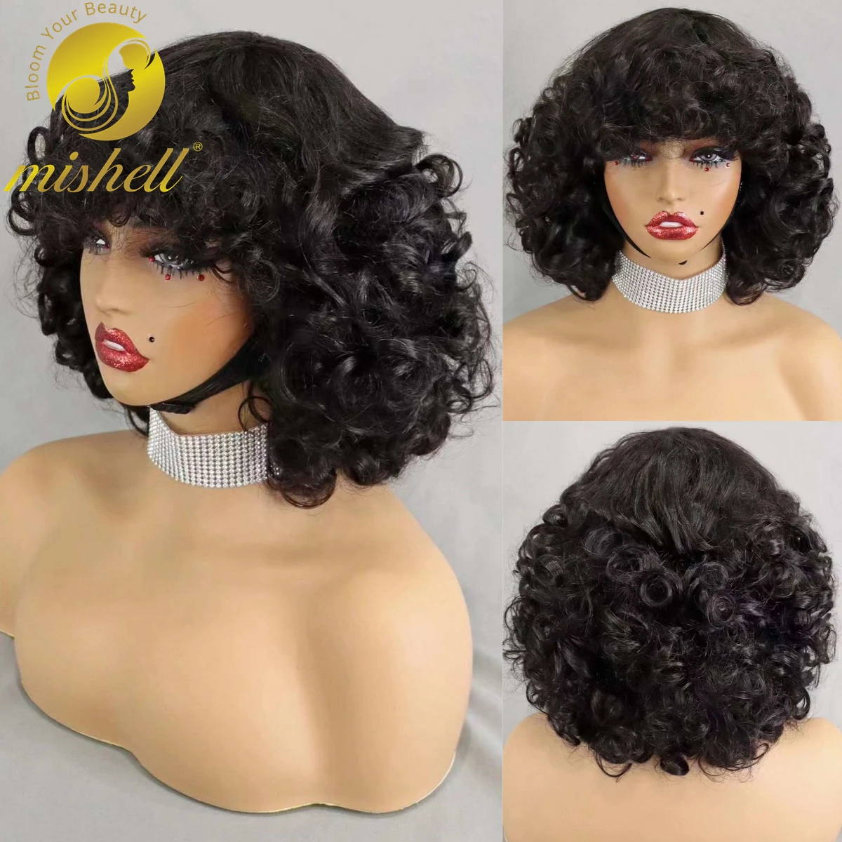 

Natural Machine Made Bob Wigs 200% Density Brazilian Remy Human Hair Wigs Loose Wave Curly Bob Wigs with Bangs for Black Women