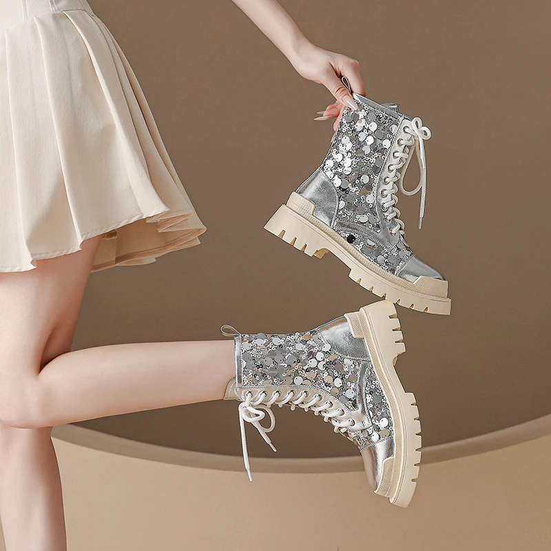 

Genuine Leather Lace Up Mesh Boots Women Summer Thin Sweet Punk Glitter Nude Boots Platform Ankle Boots Fashion Party Evening