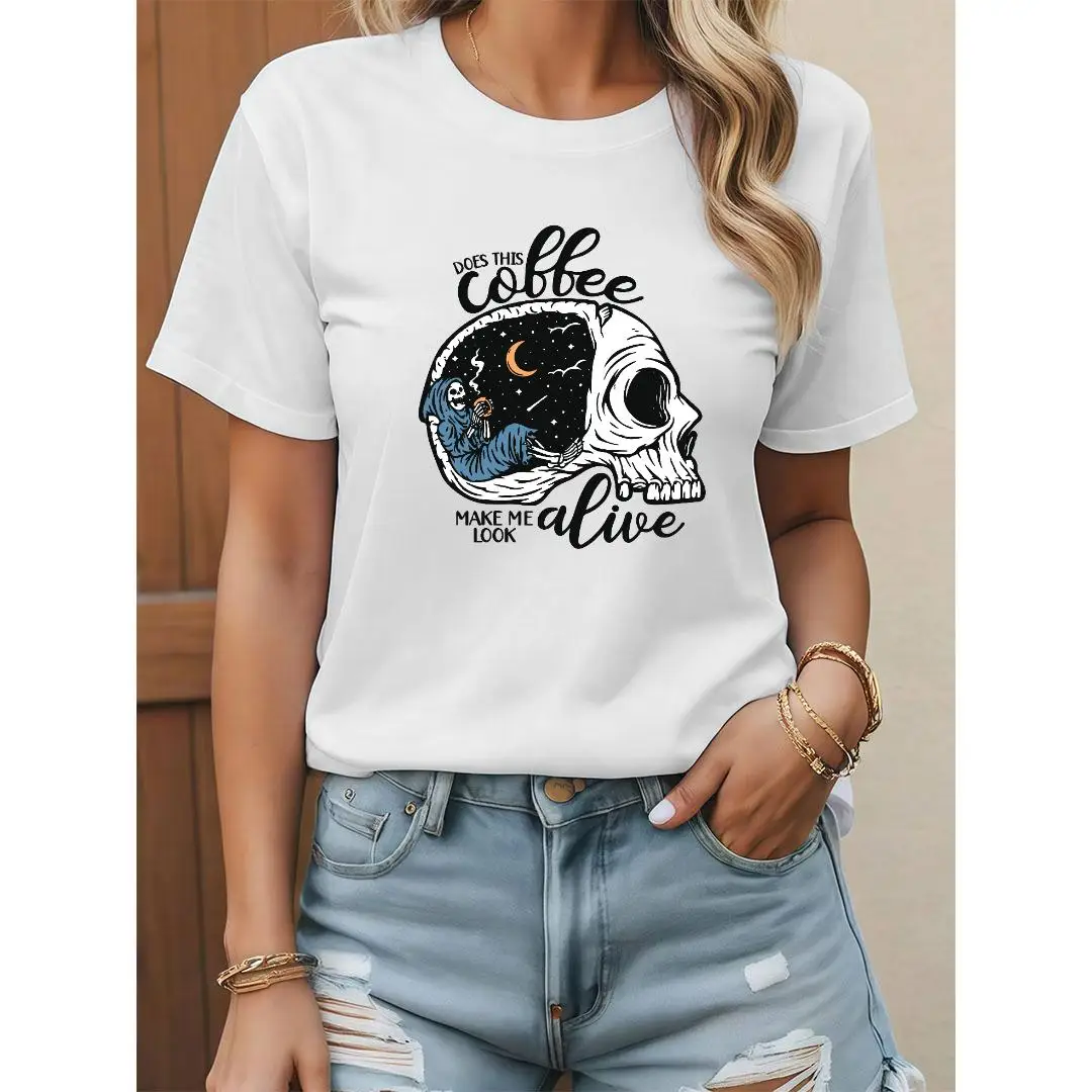 

Does This Coffee Make Me Look Alive T-Shirt Funny Skull Coffee Graphic Tee Unisex Work Humor Gift