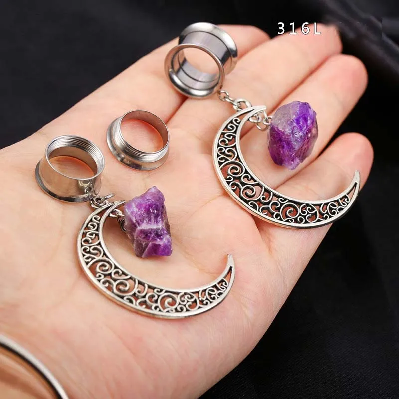 2 Pieces Natural Stone Moon Pendant Ear  Plugs Ear Gauges ScrewFlesh Tunnel Ear Piercing Stretcher Expander Body Ear Reamer