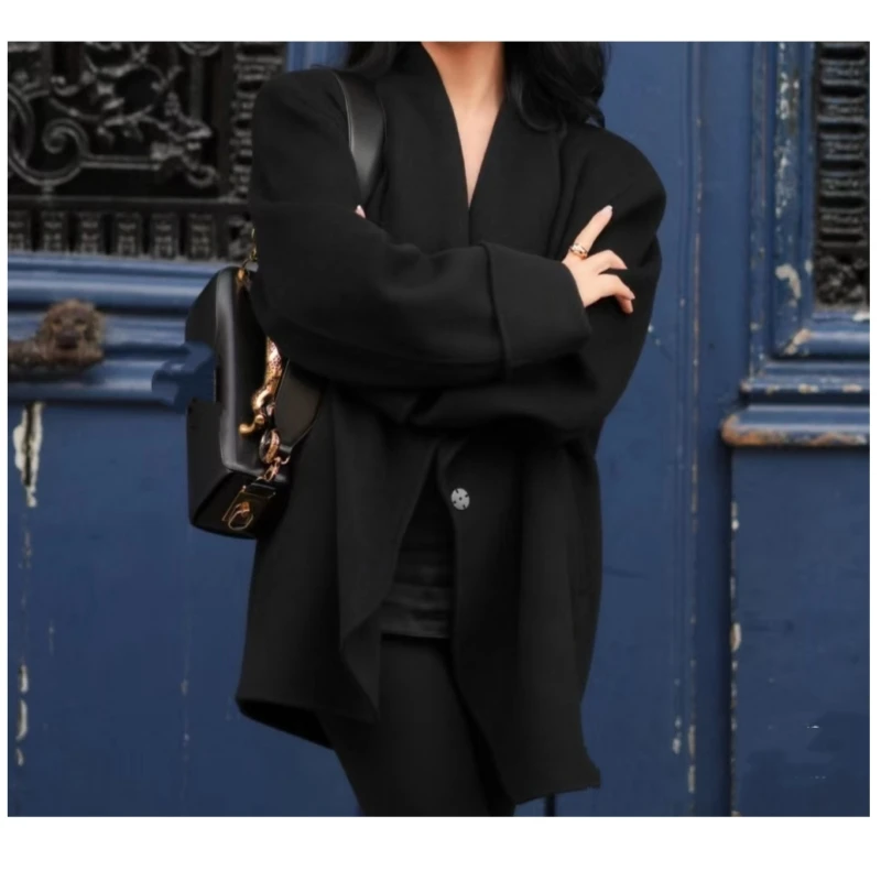 

Light luxury three-dimensional silhouette medium long double-sided woolen women's autumn and winter new style flip sleeve wool l