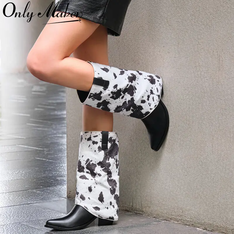

Onlymaker/женские короткие сапоги без шнуровки с острым носком и коровьим принтом, модные складные ботинки на массивном каблуке