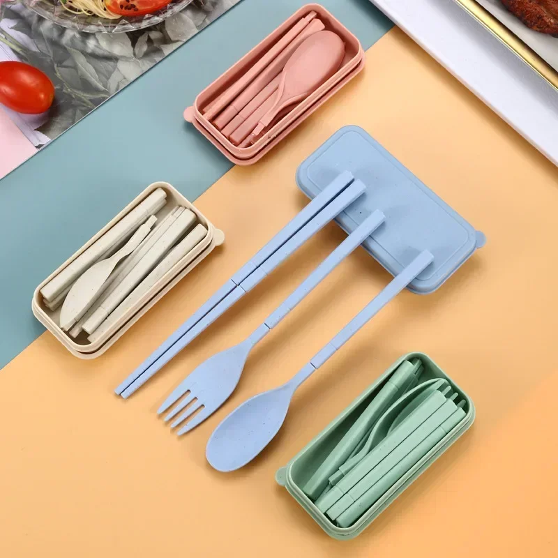 Spoon Fork Chopsticks Set Wheat Straw Dinnerware 3PCS/Set Lunch Tableware Detachable Cutlery Portable Travel Kitchen Accessories