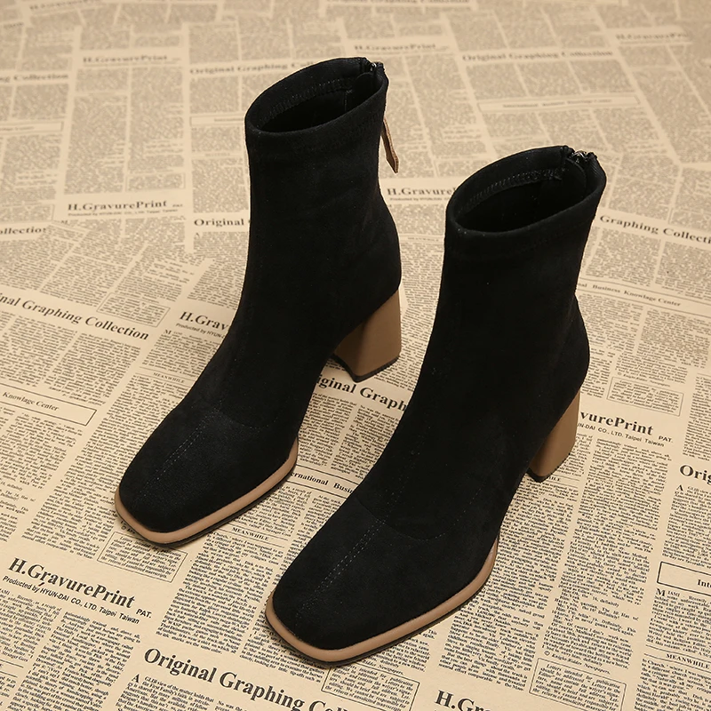 Vintage Square Toe Women Ankle Boots Fashion Zippers Thick Heels Shoes Winter Elegant Mordern Short Boot - Image 4