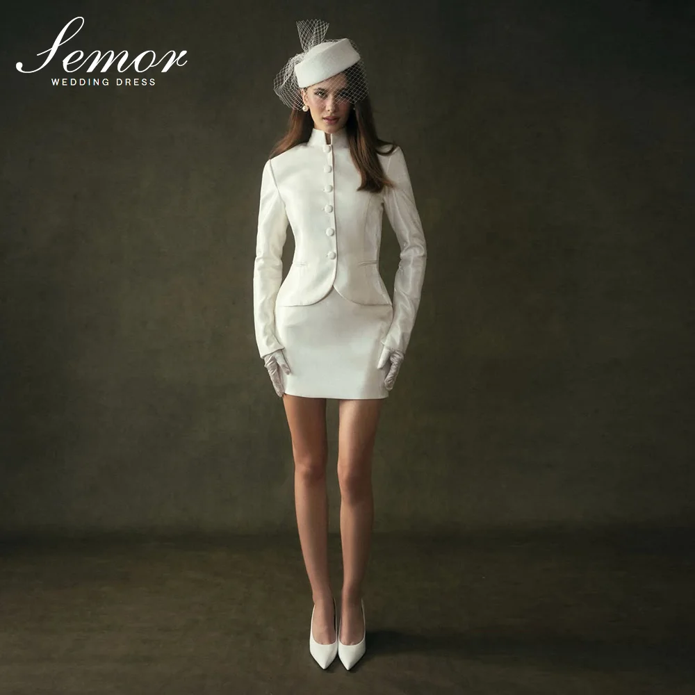 Semor Elegantes Hochzeitskleid mit hohem Kragen und langen Ärmeln 2026, zweiteiliges Set aus Satin, Mini, Off-White, mit Knöpfen, Hochzeitskleid nach Maß
