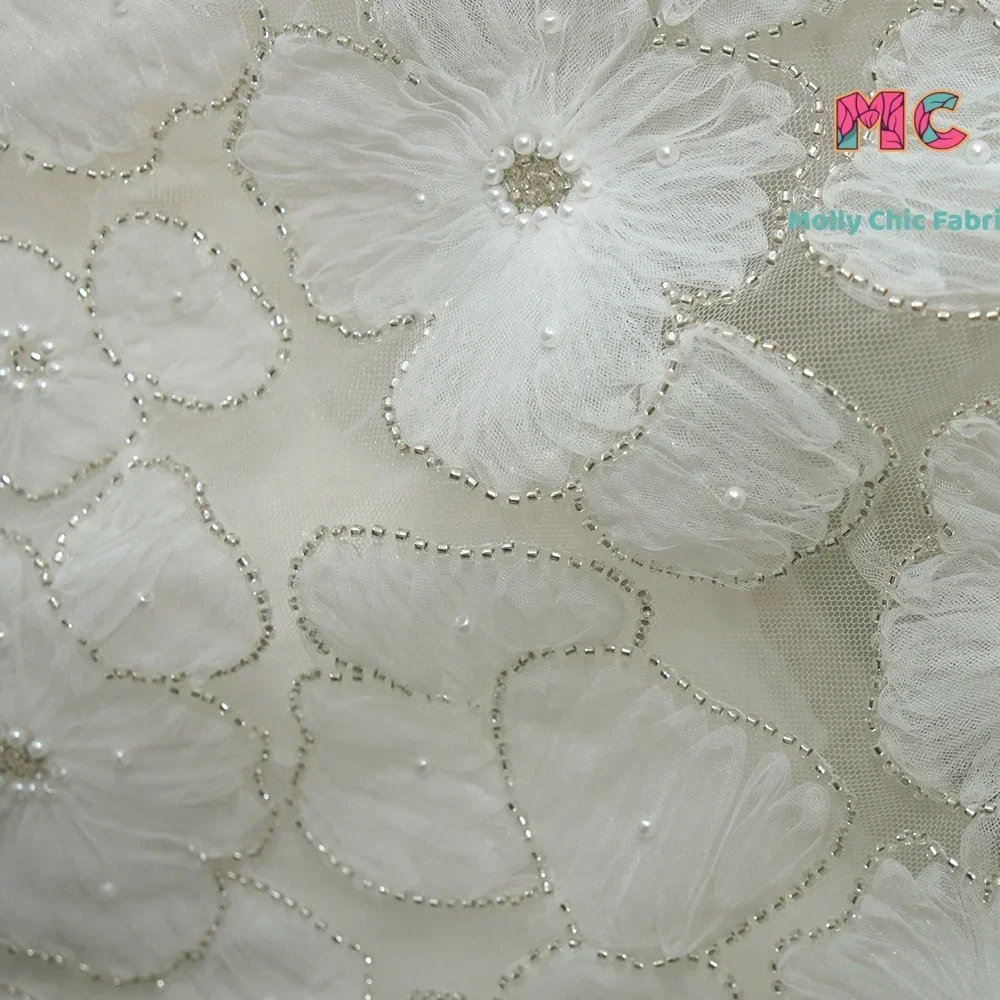 Flower 3D Nail Bead Embroidery Lace Breathable Fabric Sewing Wedding Dress Evening Dress Adult Dress Fabrics For Sewing