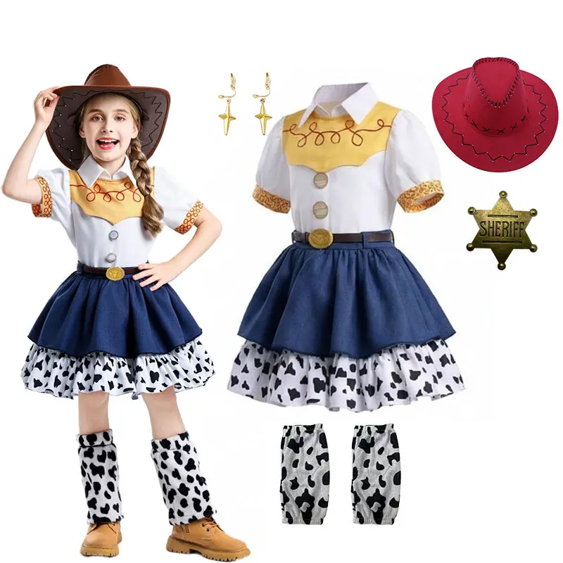 Child 2026 Toy Party Costume Play Movie Jessie Cosplay Girls Western Cowgirl Suit Double Layer Cow Print Dress With Leg Warmers