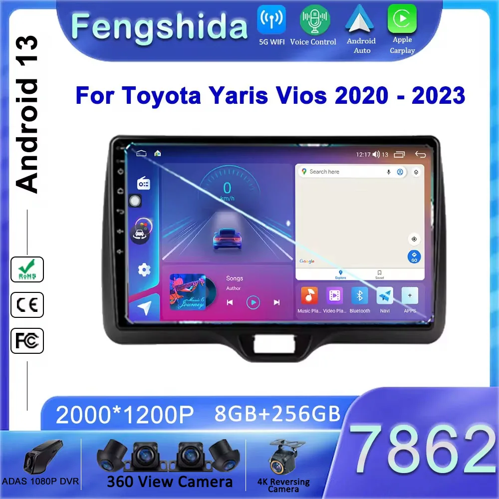 7862 CPU Android 13 auto DVD rádio pro Toyota yaris vios 2020 - 2023 RHD stereo hlava jednotka GPS navigace multimediální hráč WIFI