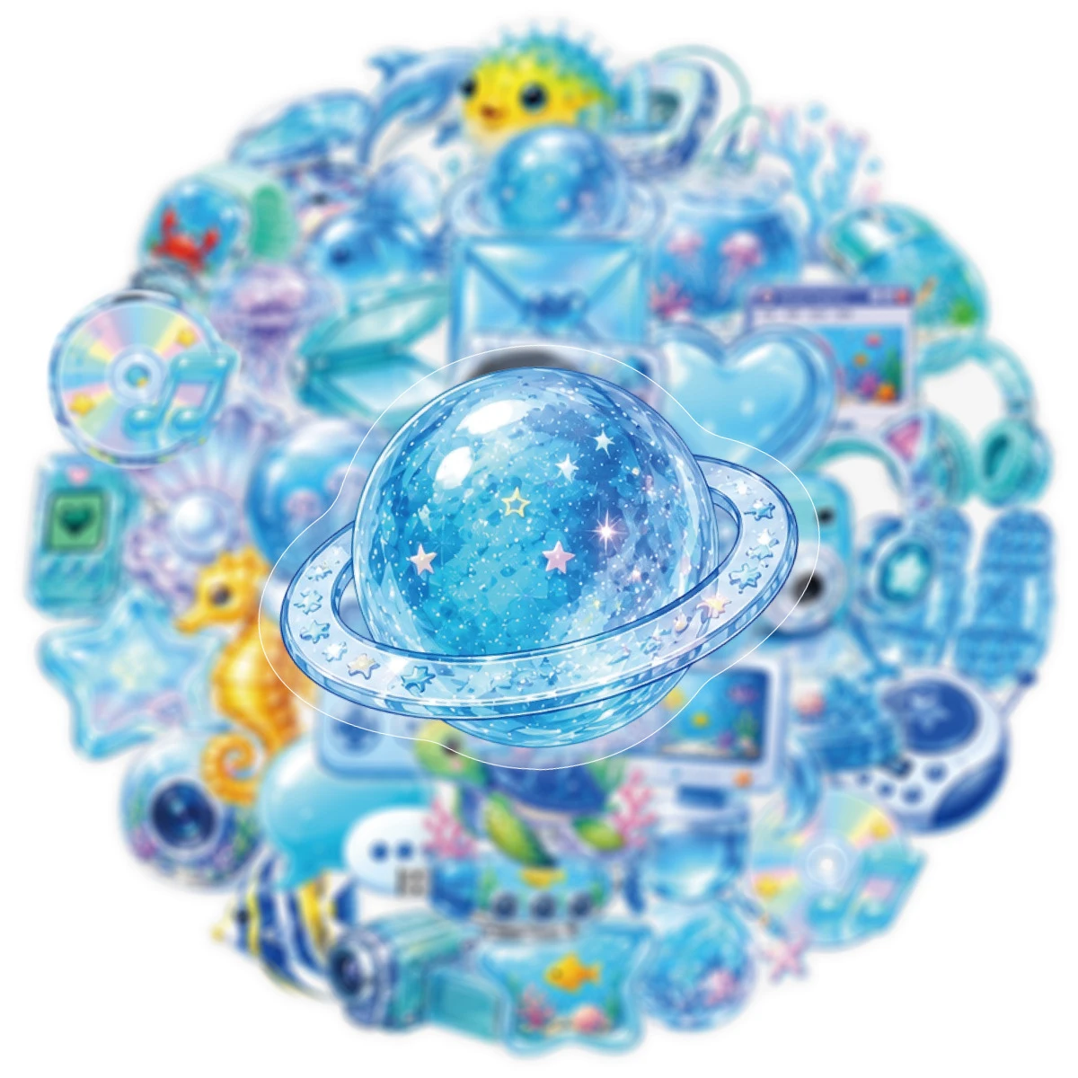 10/30/50pcs Transparency Blue Electron Art Stickers Y3K Fresh Style Cartoon Decal DIY Scrapbook Suitcase Kawaii Pattern Sticke
