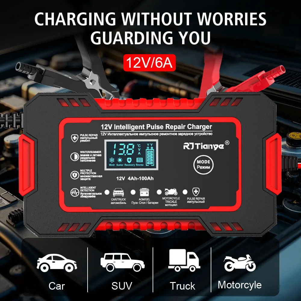 Cargadores de 6A y 12V, suministros para RV, almacenamiento de reparación de pulso inteligente Digital, mantenimiento de batería, cargadores de batería de coche para motocicleta y barco
