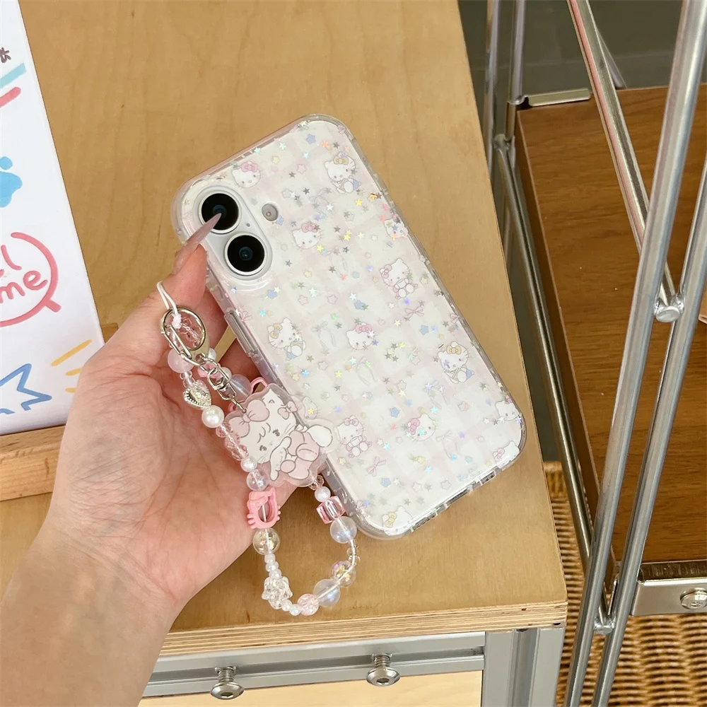 

Korean INS Cartoon Hello Kitty Bow Bracelet Phone Case for iPhone 16 15 14 13 Pro Max Y2K Bling Star Charms Cover