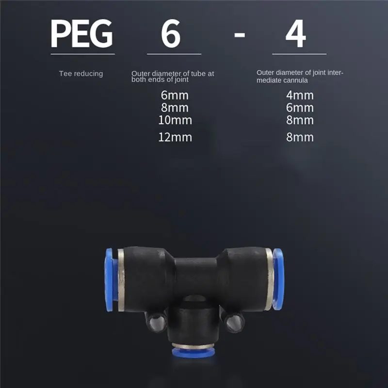 AC88-100Piece PEG Pneumatic Fitting Reducing Unequ Tee Lock Air Pipe Quick Into Fitting T Type 3-Way Black PEG6-4