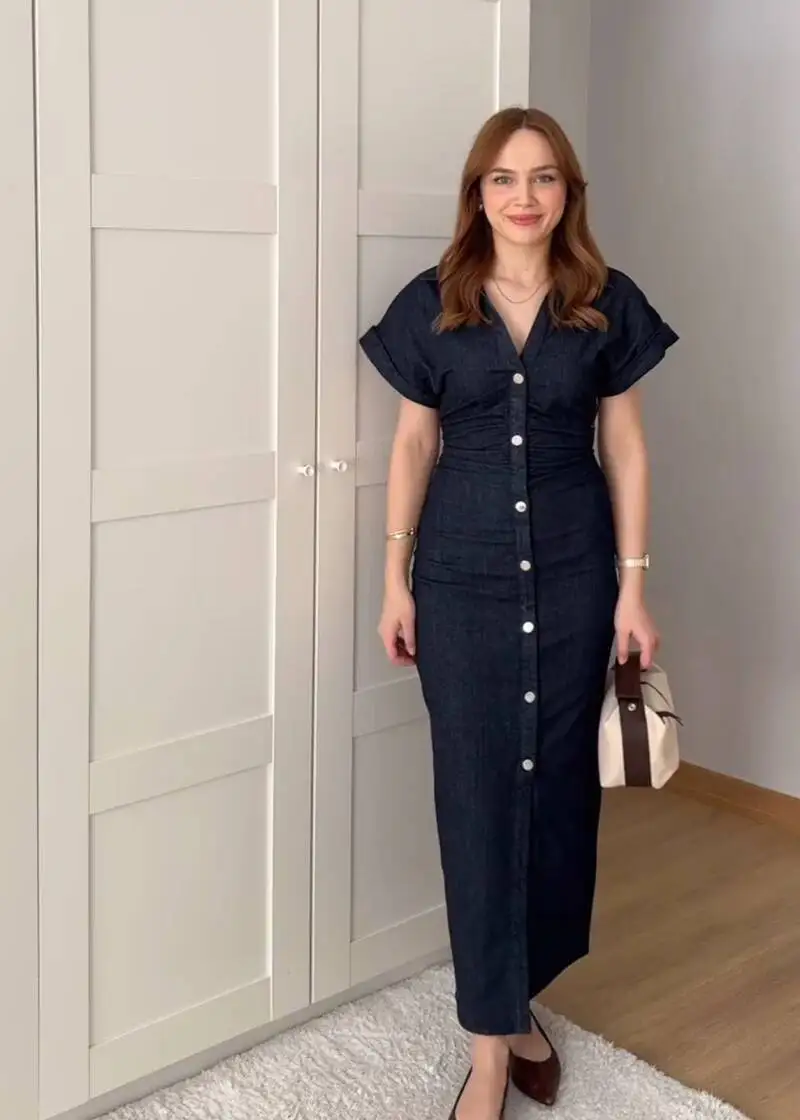 ETJ 2025 Traf Spring New 1975 Series Denim MIDI With Lapel Side Zipper Fashion Wrinkle Waist Slim Elegant Dress