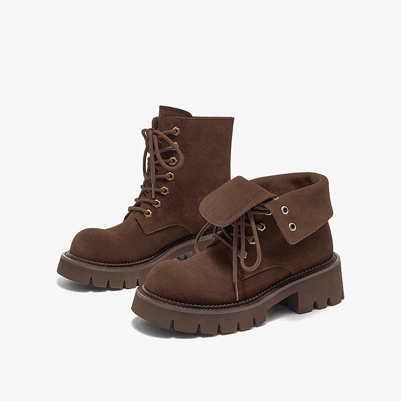 BEAUTODAY żółte botki damskie krowa zamszowe zasznurowane platformy masywne obcasy Outdoor Vintage krótkie botki damskie 04654 — zdjęcie 5