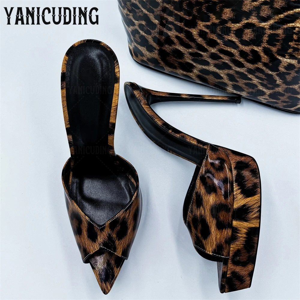 

Leopard Print Patent Leather Platform Mules Sexy Pointed Toe Stilettos Fashionable Style Summer High Heeled Slippers for Women