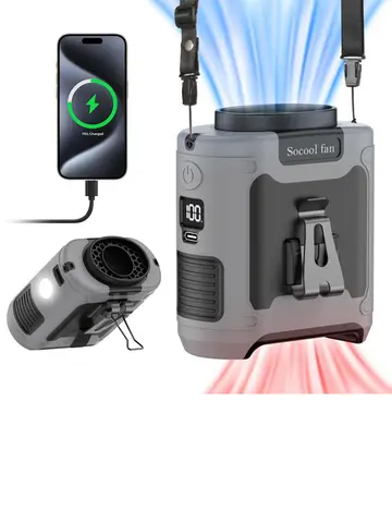 Socool 10000mAh Waist Fan Portable Handheld Hanging Neck Fan Ultra-Strong Wind with Phone Charging LED Light for Outdoor Working