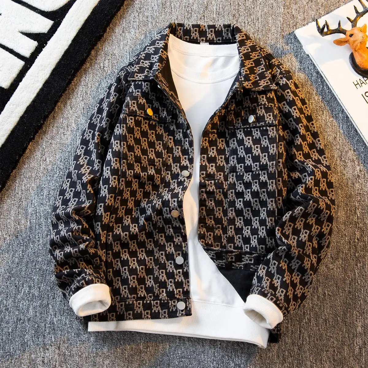 

Casual Men's Denim Jaet Spring Autumn High Street Faion Print Loose Fit Long Sve Flip Collar Outerwear without Brand